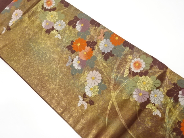 引箔　菊に草葉模様織り出し名古屋帯